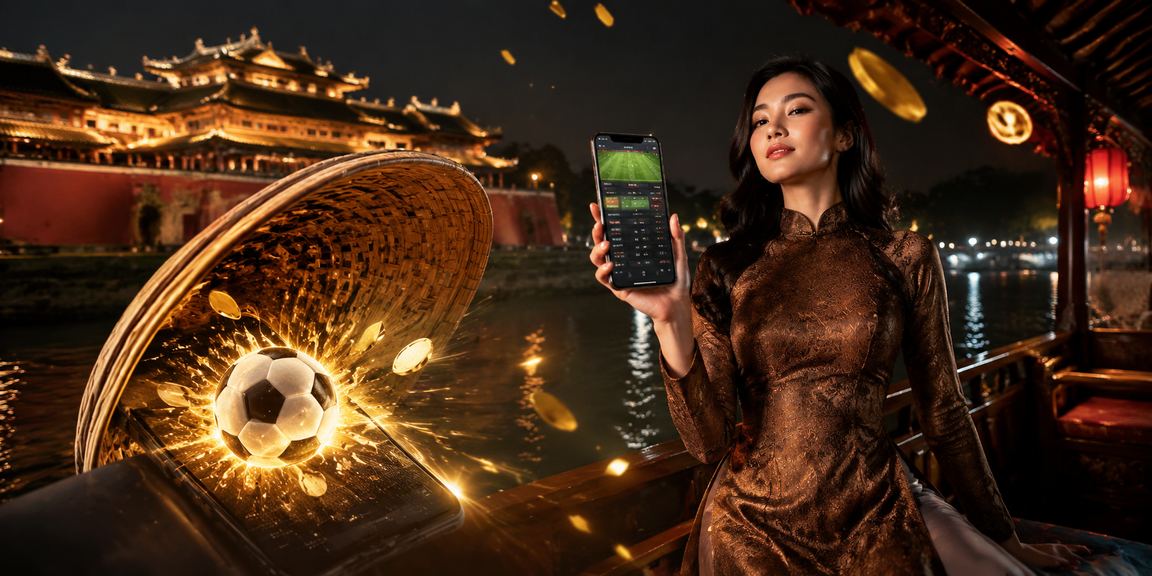 Người chơi Huế sử dụng điện thoại di động tại sòng bài trực tuyến bên chiếc nón lá